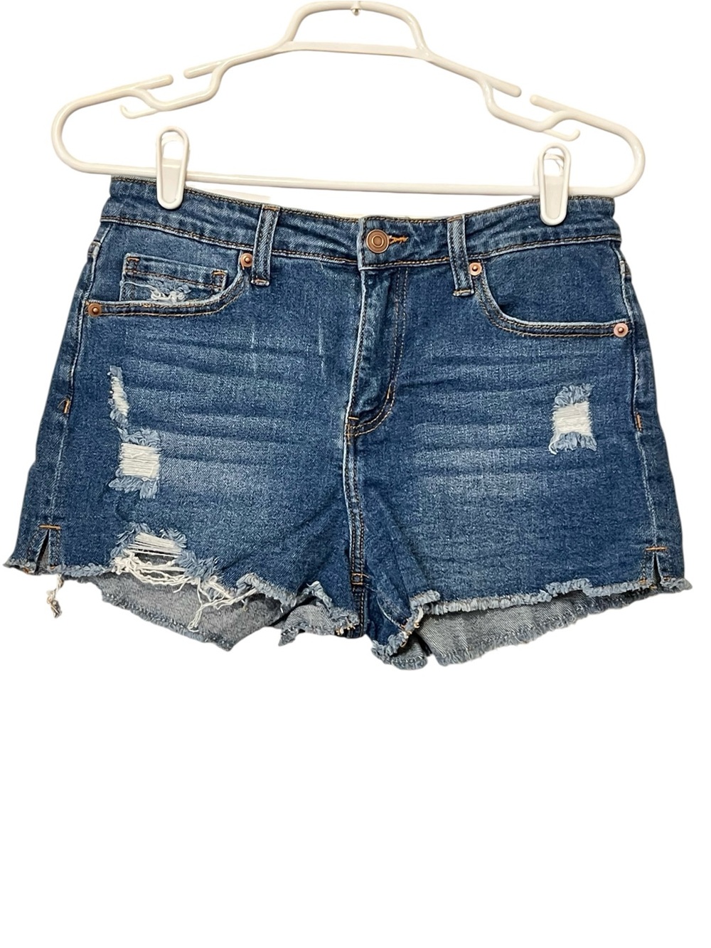BP. Cut-Off Denim Shorts, Five Pockets, Frayed Hem, Distressed‎ Blue, Size 28